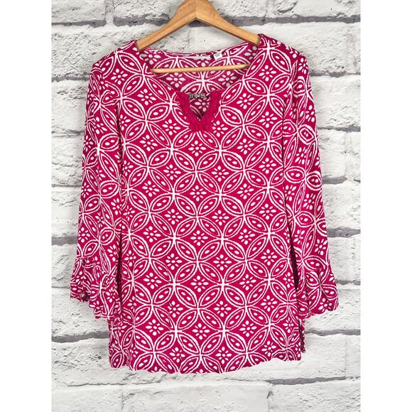 SUSAN GRAVER Women's L Pink White Rayon‎ 3/4 Flare Sleeve Boho Keyhole Tunic Top - Picture 11 of 11